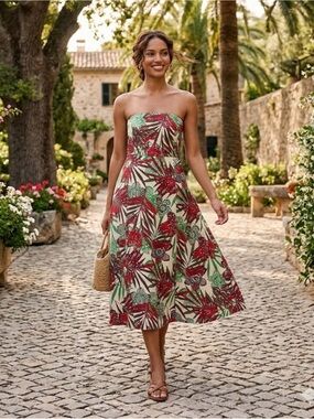 GAP Strapless Floral Midi Dress in Red & Green